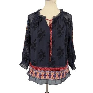 JOHN MARK Embroidered Floral Boho Peasant Blouse Top Women Size M